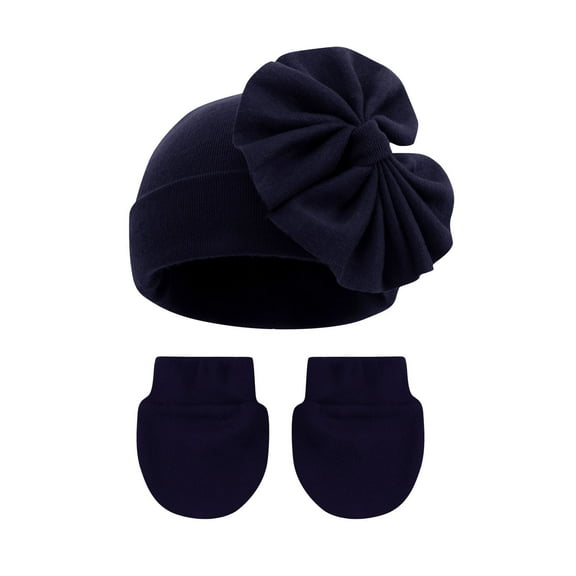 CYRBOKO Baby Girls Beanies Gloves Sets, Fleece Thermal Cotton Winter Hats and Mittens Navy Size 0-6 Months