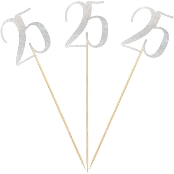 Silver Glitter 25th Birthday Centerpiece Sticks, 12-Pack Number 25 Table Topper Anniversary Party Decorations