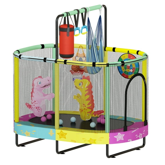 Cvortll 60" Kids Indoor/Outdoor Trampoline Play Center 7-in -1 Trampoline with Swing Basketball Hoop and Safety Net for Toddlers and Kids Ages 1 to 8