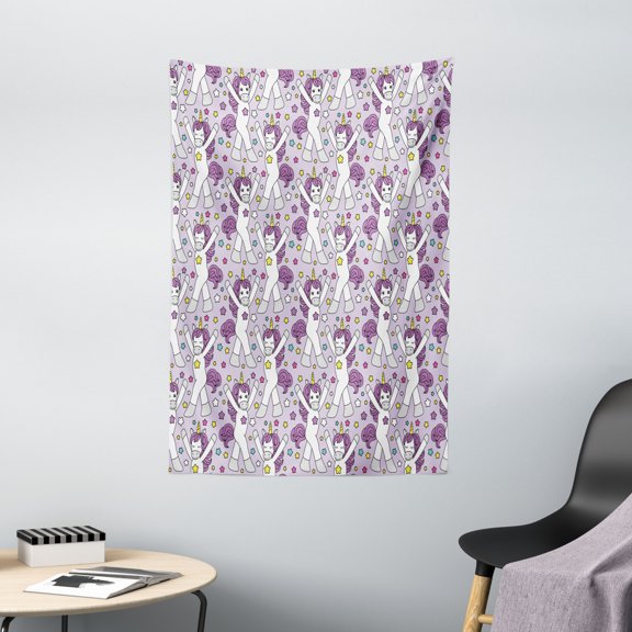 Unicorn Party Tapestry, Dancing Cartoon Characters Girly Magical Unicorn Design with Colorful Stars, Wall Hanging for Bedroom Living Room Dorm Decor, 40W X 60L Inches, Multicolor, by Ambesonne