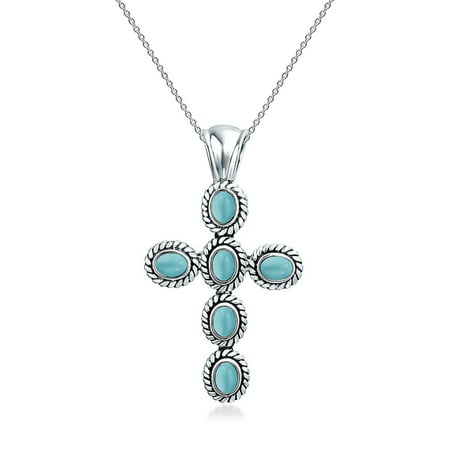 Southwestern Style Stabilized Turquoise Rope Bezel Set Cross Pendant Necklace For Women 925 Sterling