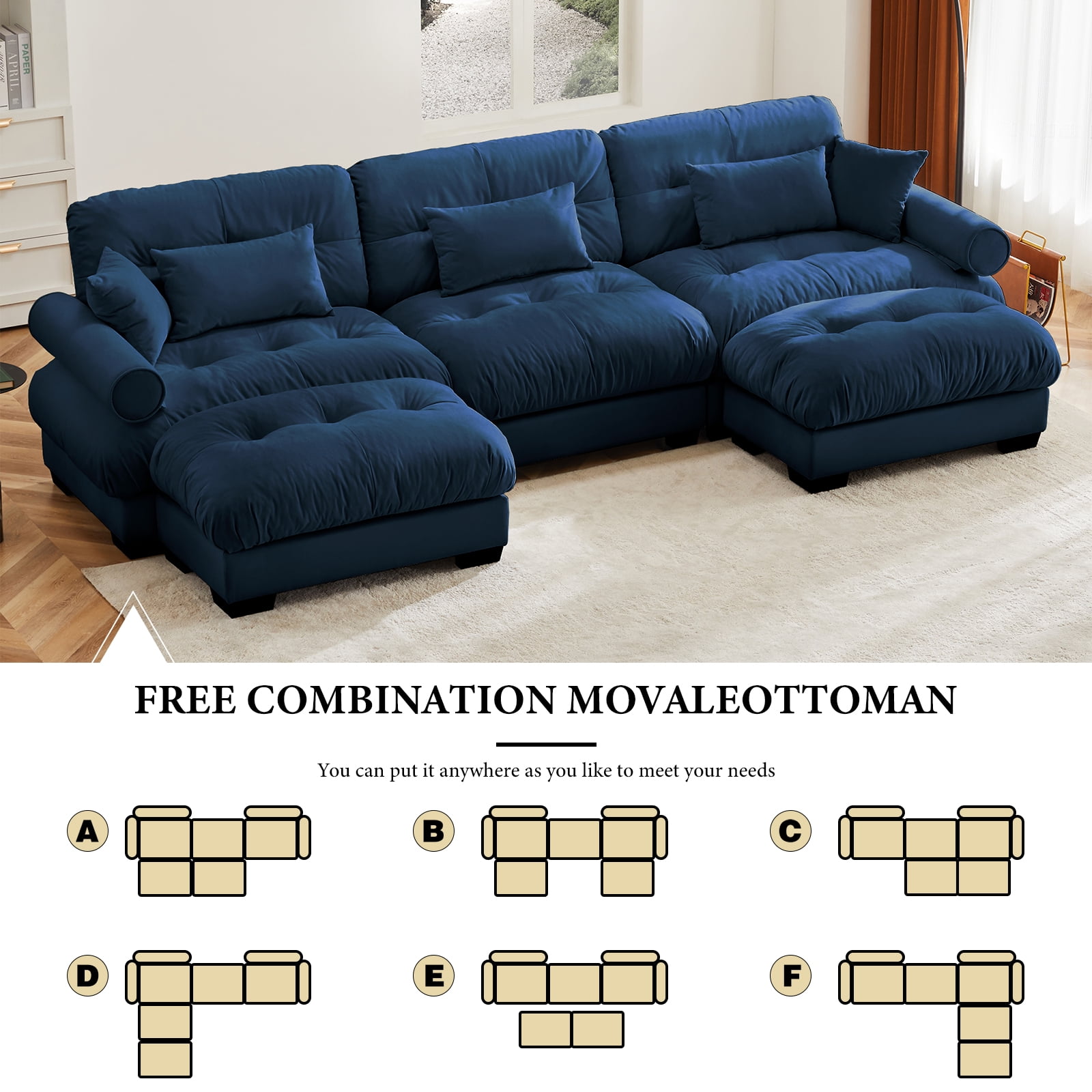 130"Oversized Couch, 3 Seater Modular Sectional Sofa, Blue Large U Shaped Sectional Couches for Living Room, Fluffy Couch Set, 3 Seater, Velvet Cloud Couch with Ottoman, Sofas for Living Room