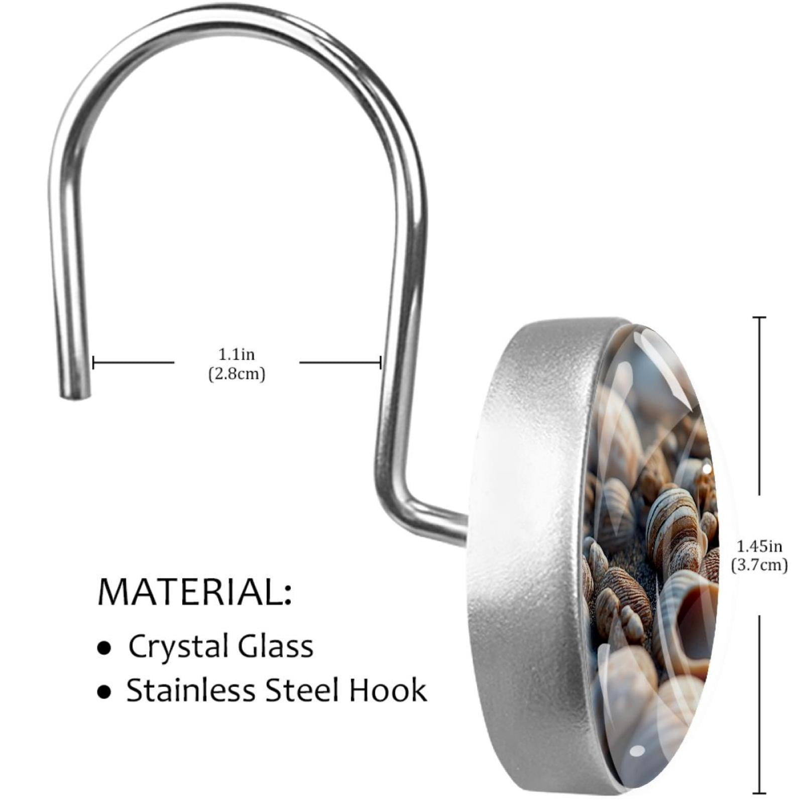 Shells on Beach Sand Shower Curtain Hooks Round Crystal Glass, Set of 12 Shower Curtain Rings - Shower Hooks for Curtain Shower Rings