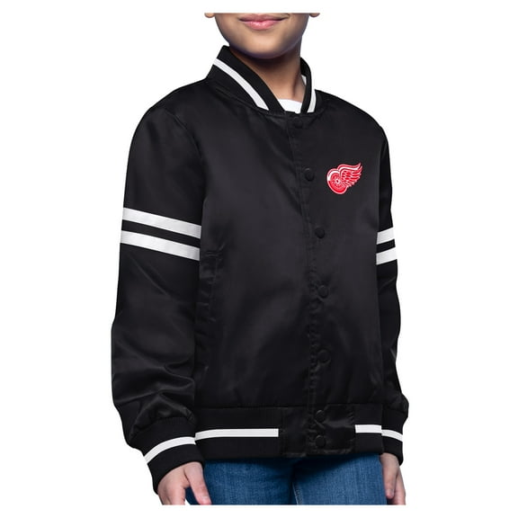 Youth-Starter  Black Detroit Red Wings Printed Logo Satin Varsity Full-Snap Jacket