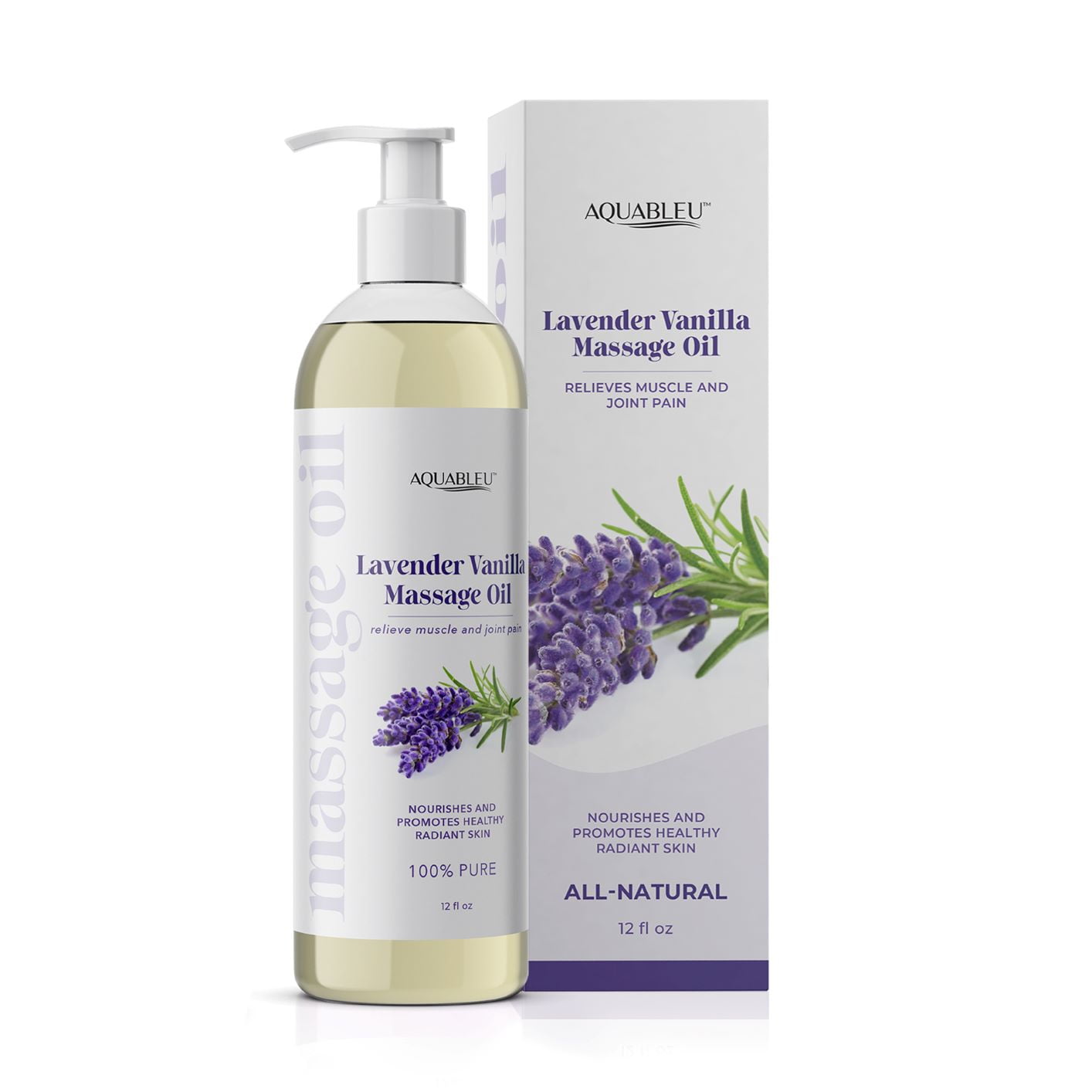 Aquableu Lavender Vanilla Massage Oil – Therapy Grade Essential Oils - At Home Massage Therapy – Relieves Muscle and Joint Pain, Nourishes Skin, Promotes Relaxation – 12oz