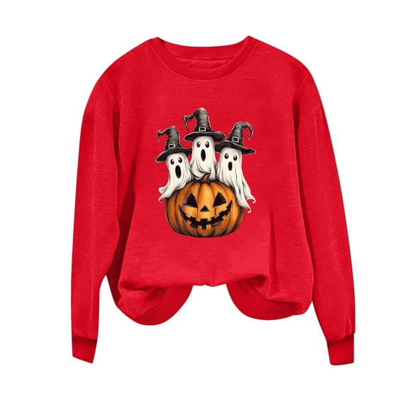 KEGIRLOM Halloween Sweatshirts for Women Cute Graphic Long Sleeve Pullover Tops | Funny Halloween Graphic Design Red Pullover