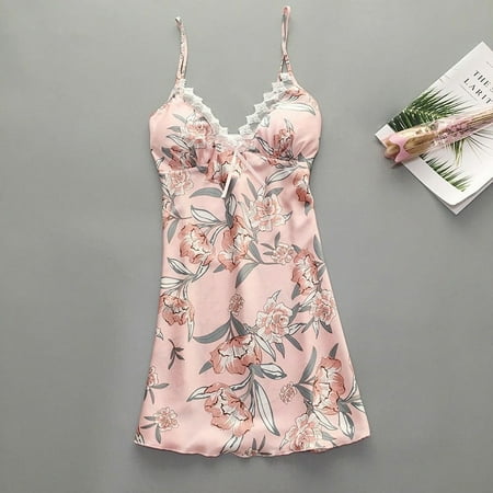 GZWYHT Silk Pajamas Clearance Nightgowns for Women Women Satin Flower Printint Silk Lingerie Bow Lace Pajamas Sleepwear Nightdress Lingerie for Women Babydoll Lingerie  Pink XL
