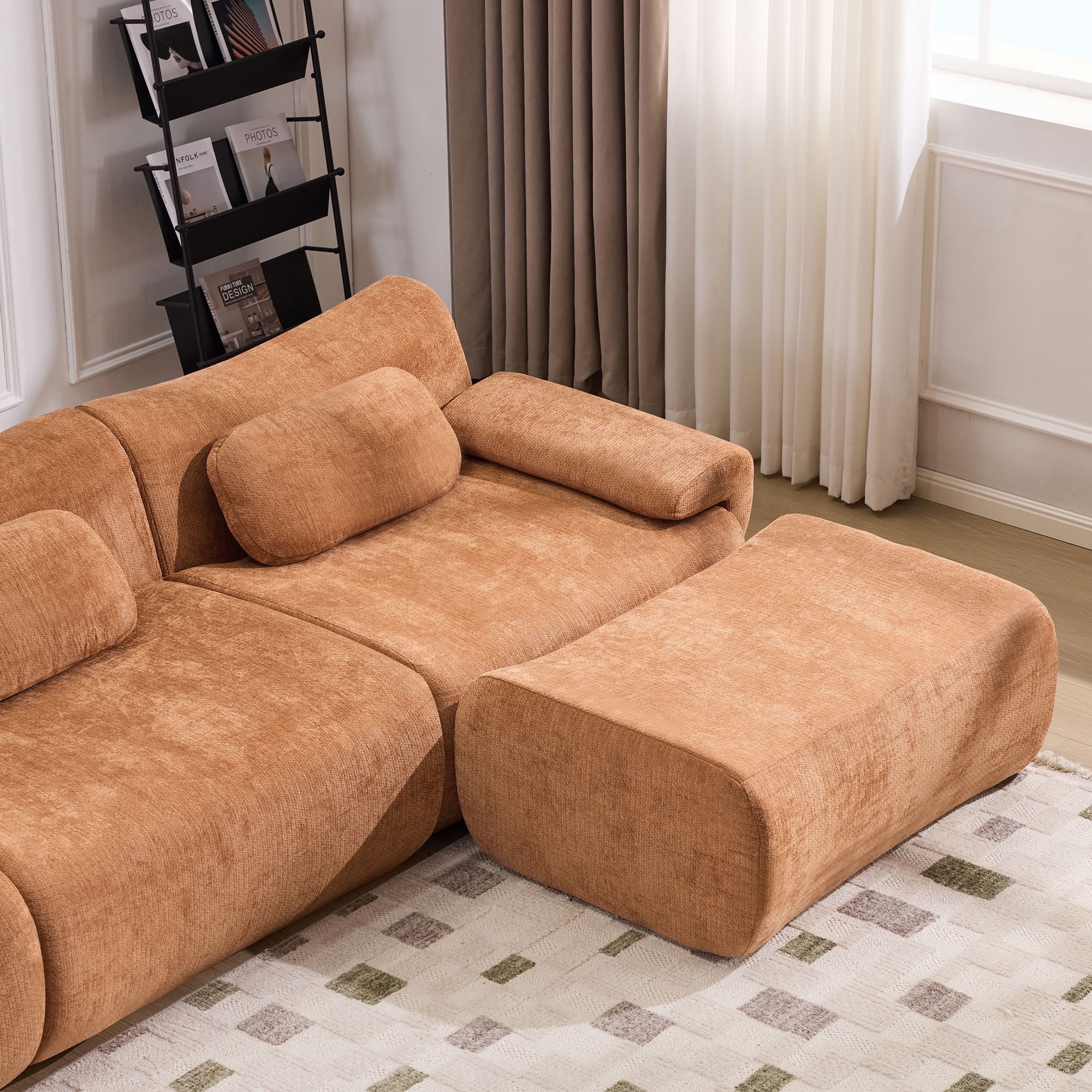 MAYEERTY 3+1 Seat Modular L-Shaped Sectional Sofa with Ottoman, Chenille Upholstered Deep Seat Couch with 3 Throw Pillows, No Assembly for Living Room Bedroom Apartment Small Spaces