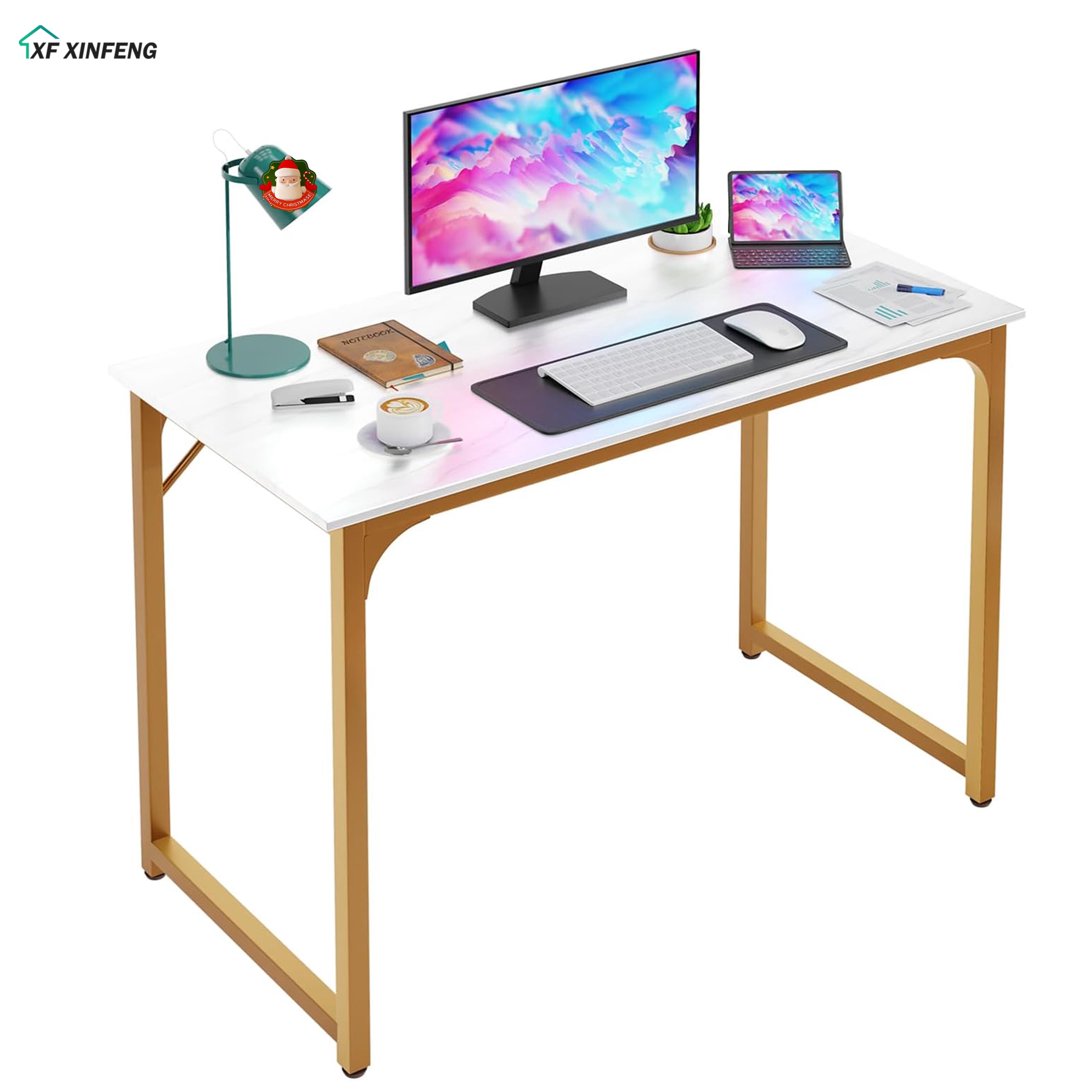 XF XINFENG 40 inch Computer Desk Modern Writing Simple Study Table, Industrial Sturdy Laptop Table for Home Office Floors , Adult Teen Child, White, Gold