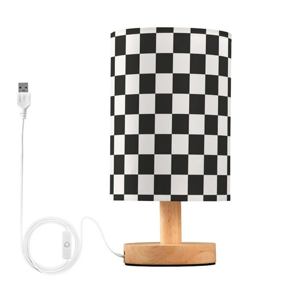 Black and White with Checkered Bedside Table Lamp LED Warm Lights with USB Charging Port Retro Cylinder Desk Lamps