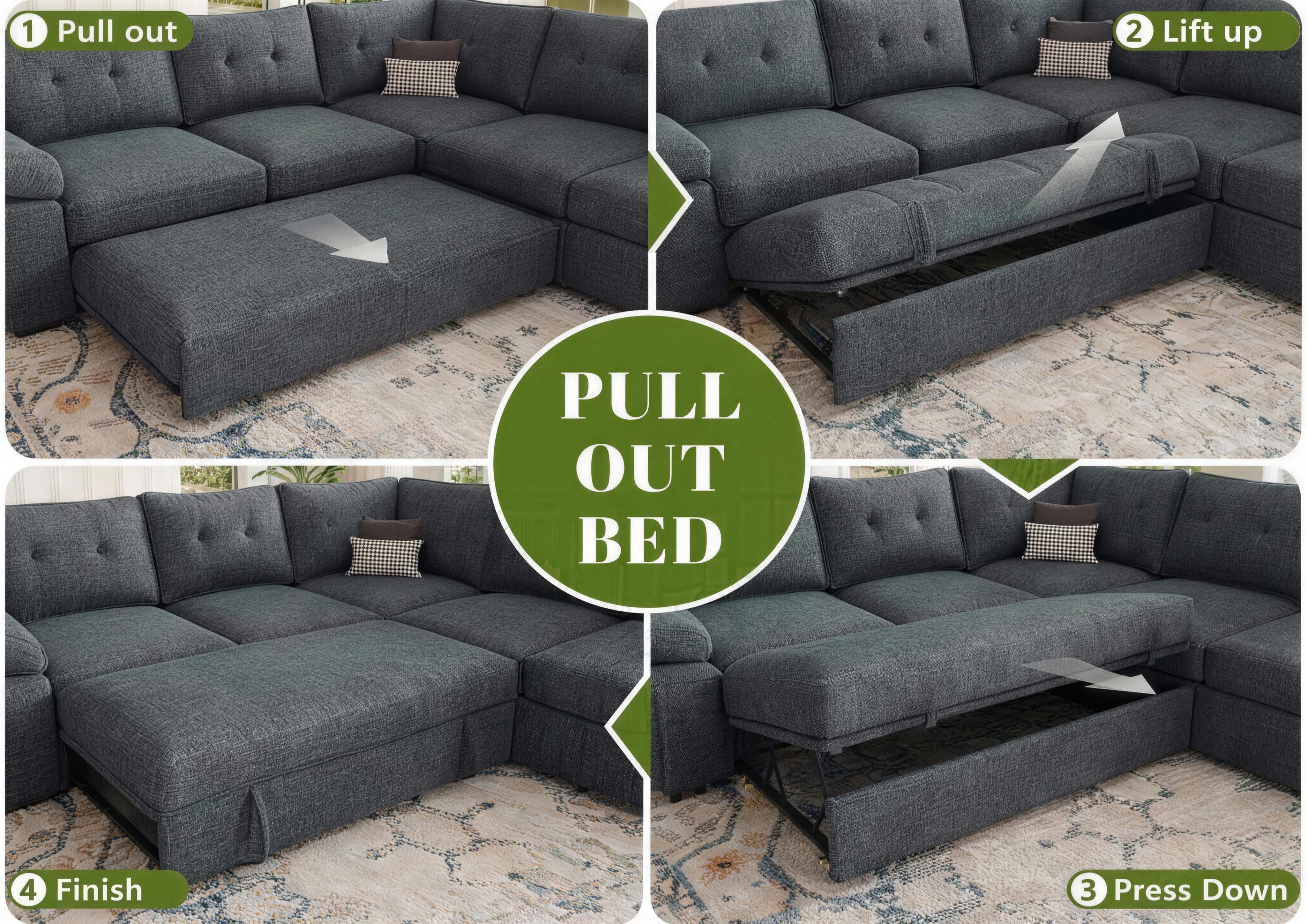 AENKYO U-Shaped Sectional Sleeper Sofa with Pull Out Bed, Linen Modular Couch with Storage for Living Room, Gray