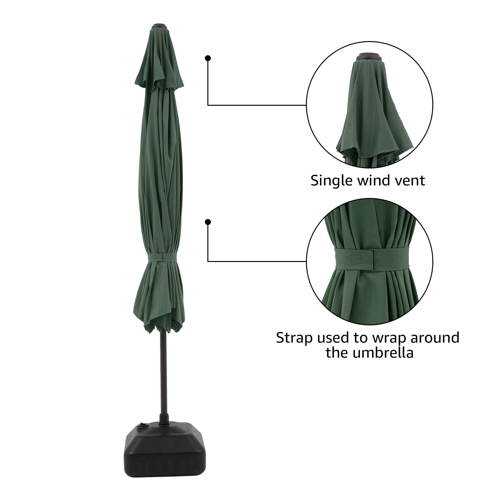 Patio Umbrella, 11' Outdoor Table Market Large Umbrella with 8 Steel Ribs and Crank, Water/Sand Self-Filled Umbrella Base Included, Dark Green