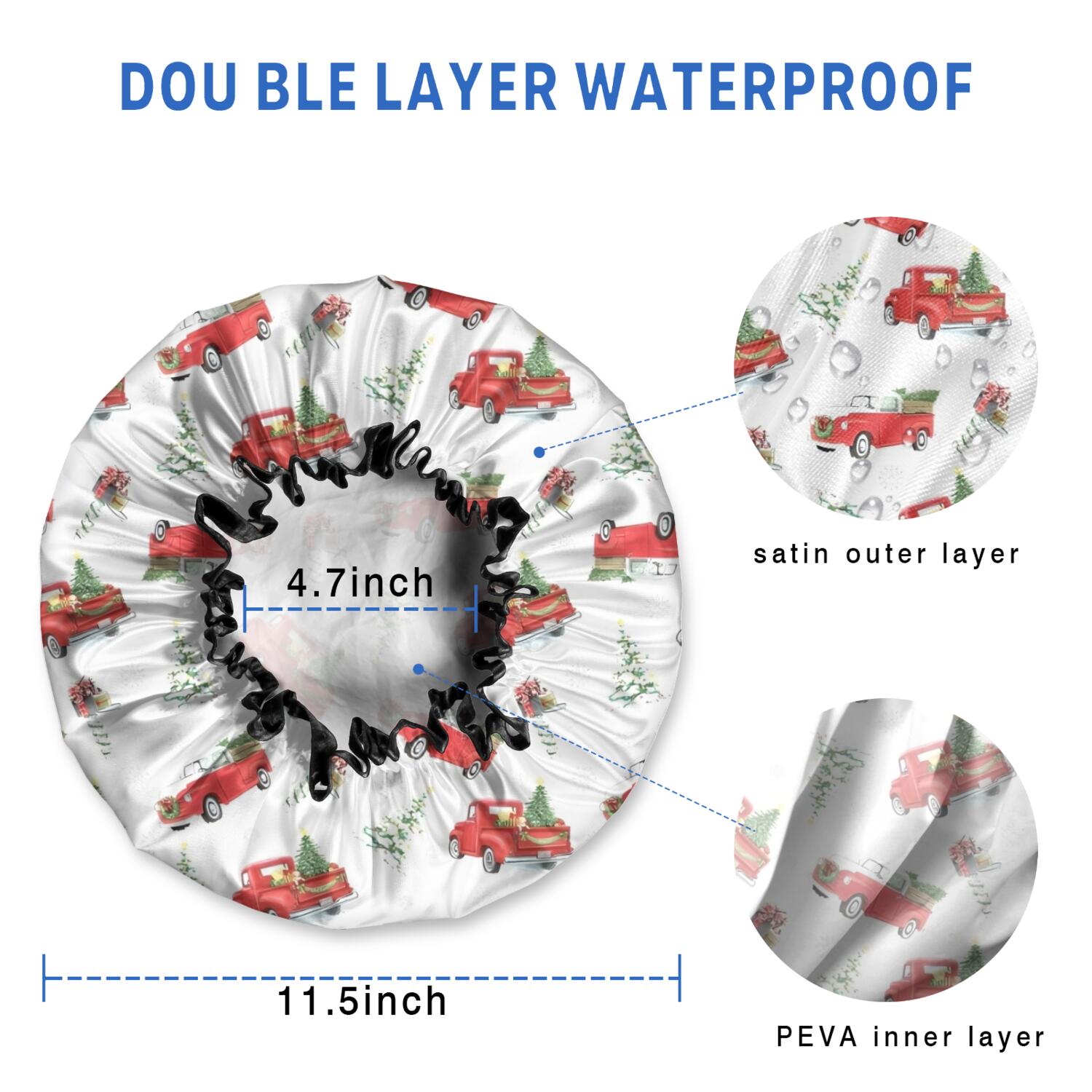 Shower Caps,Red Christmas Truck Pattern Waterproof Shower Cap for Women 4 Pieces,Double Reusable Hair Cover for Shower PEVA Elastic Stretch Hem