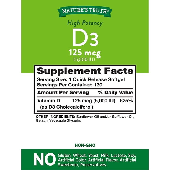 Nature's Truth High Potency Vitamin D3 5000 IU Quick Release, 130ct, 5-Pack