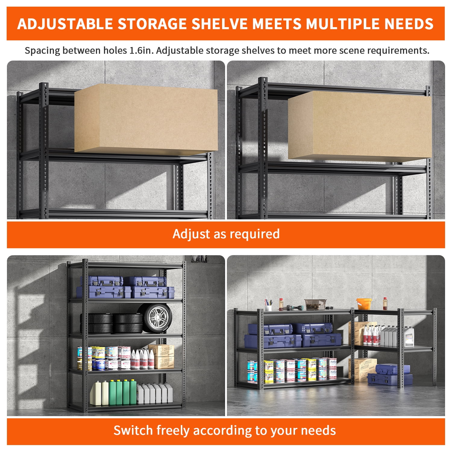 MOPHOTO 36" L x 16" W x 72" H Adjustable 5 Tier Garage Shelving Heavy Duty Support 1100lbs, Metal Shelves for Storage, Industrial Utility Racks, Garage Storage Shelves Heavy Duty Shelving