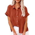 thumbnail image 2 of Knosfe Button Down Shirts Women 2024 Dressy Casual Blouses Short Sleeve Linen Collared T Shirts Loose Plain Tees Tshirt Ginger XL, 2 of 5
