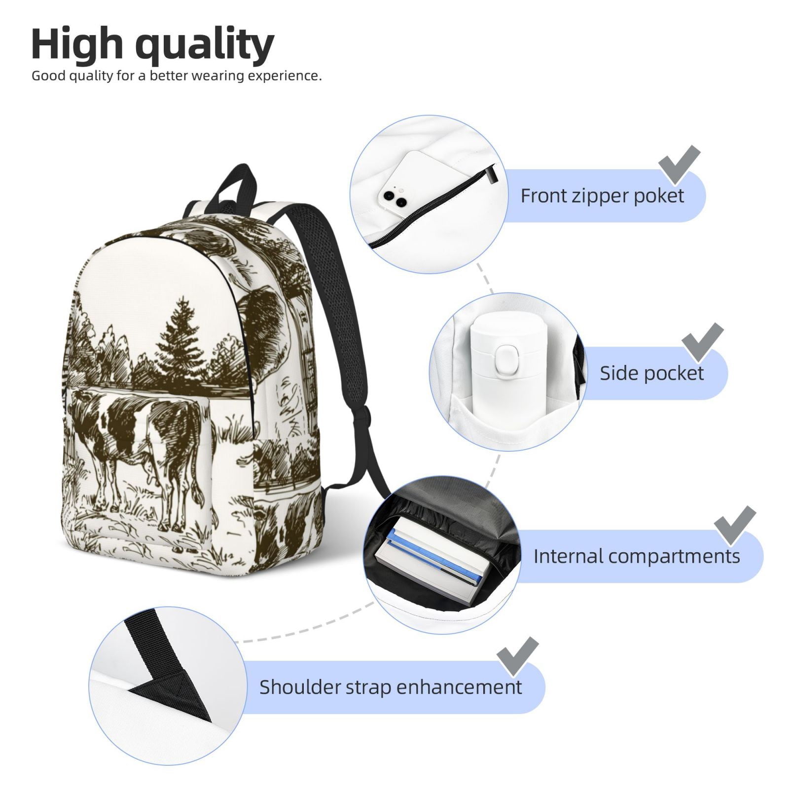 Picia Cows Grazing On The Meadow Printed Canvas Daypack - Stylish and Durable Vintage Compact Backpack - Class, Work, Travel, or Laptop Bookbag,Organized Compartments-Medium