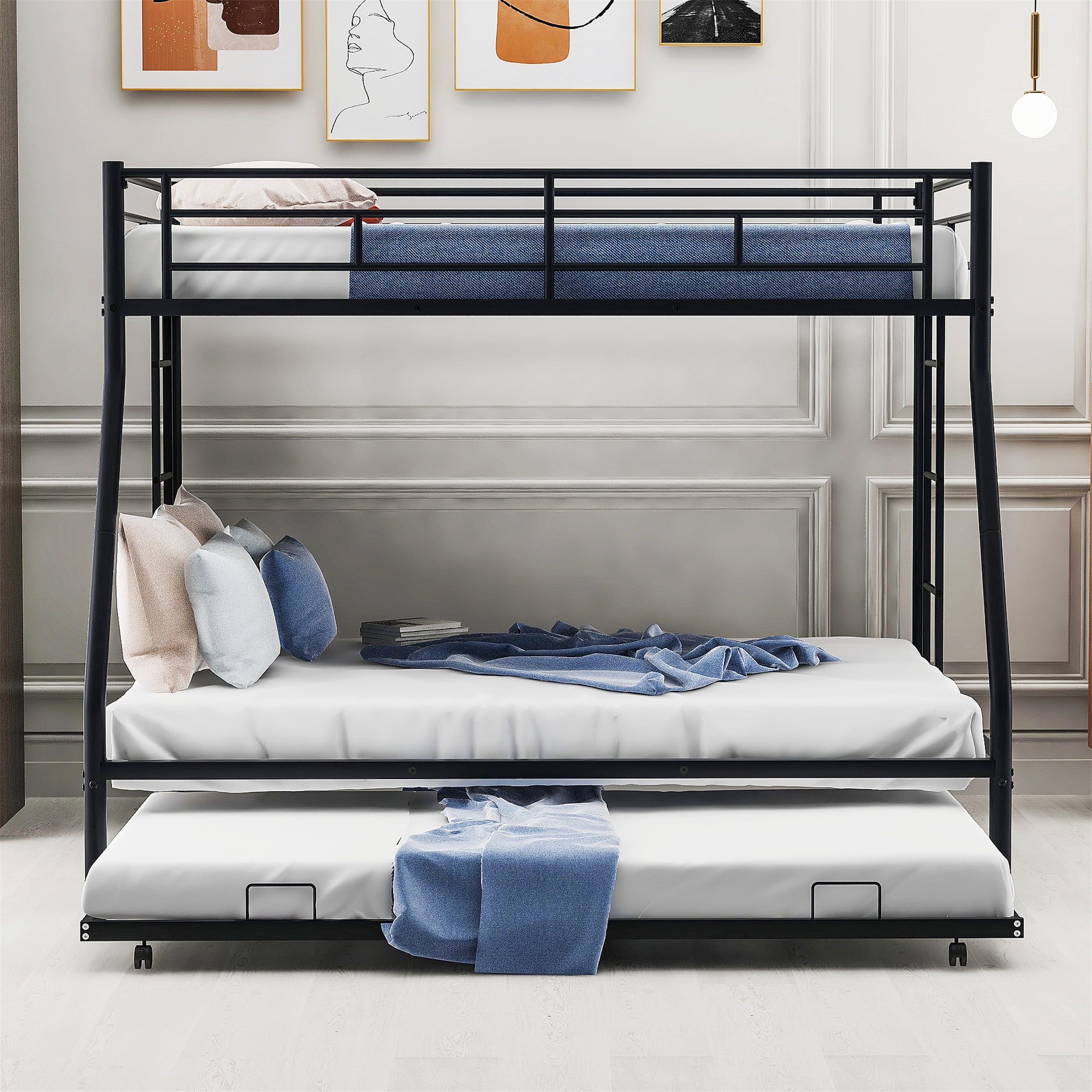 Aukfa Triple Bunk Bed, Twin over Full Bunk Bed with Trundle, 2 Ladders, Black