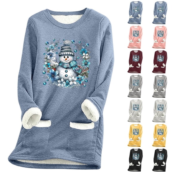 Feancey Crewneck Sweatshirts for Women Fleece Lined Thermal Tops Christmas Snowman Print Pullover Winter Fuzzy Warm Lounge Pajamas with Pockets Black XXL