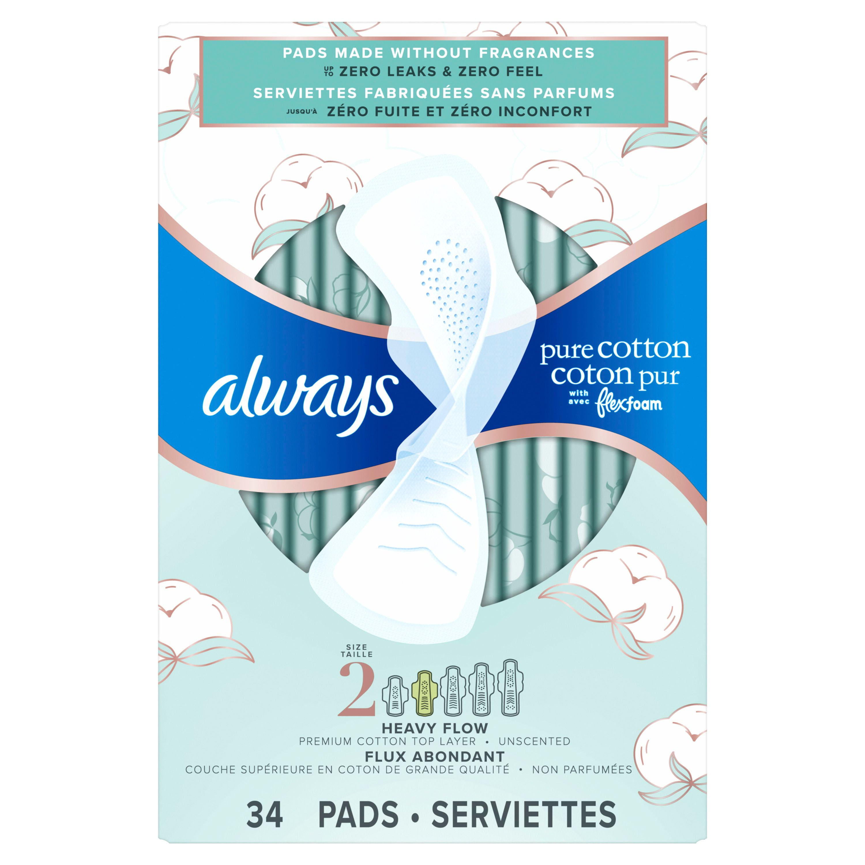Always Pure Cotton with FlexFoam Pads, Size 2, Heavy, with Wings, Unscented, 34 Count