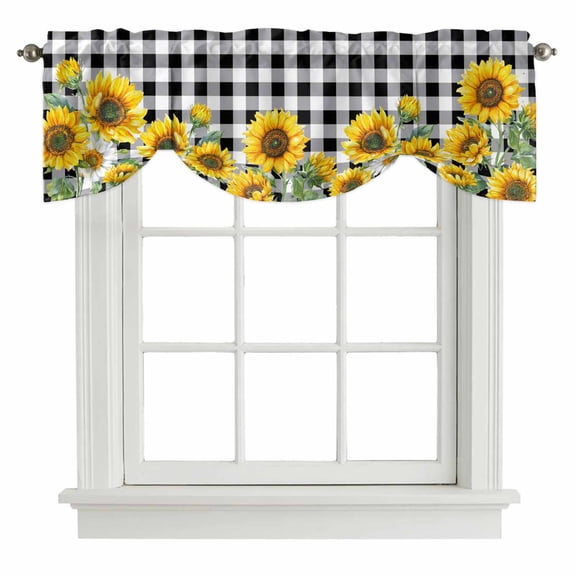Sunflower Tie Up Valance Curtains for Windows, Kitchen Curtains Window Shades, Black White Check Country Yellow Floral Light Filtering Roman Curtain Valances for Bedroom/Bathroom/Cafe 42"x12"