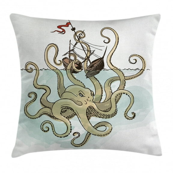 Kraken Decor Throw Pillow Cushion Cover, Octopus Sinking the Pirate Ships Greek Myth Fish Culture Cartoon Art Image, Decorative Square Accent Pillow Case, 20 X 20 Inches, Tan Pale Green, by Ambesonne