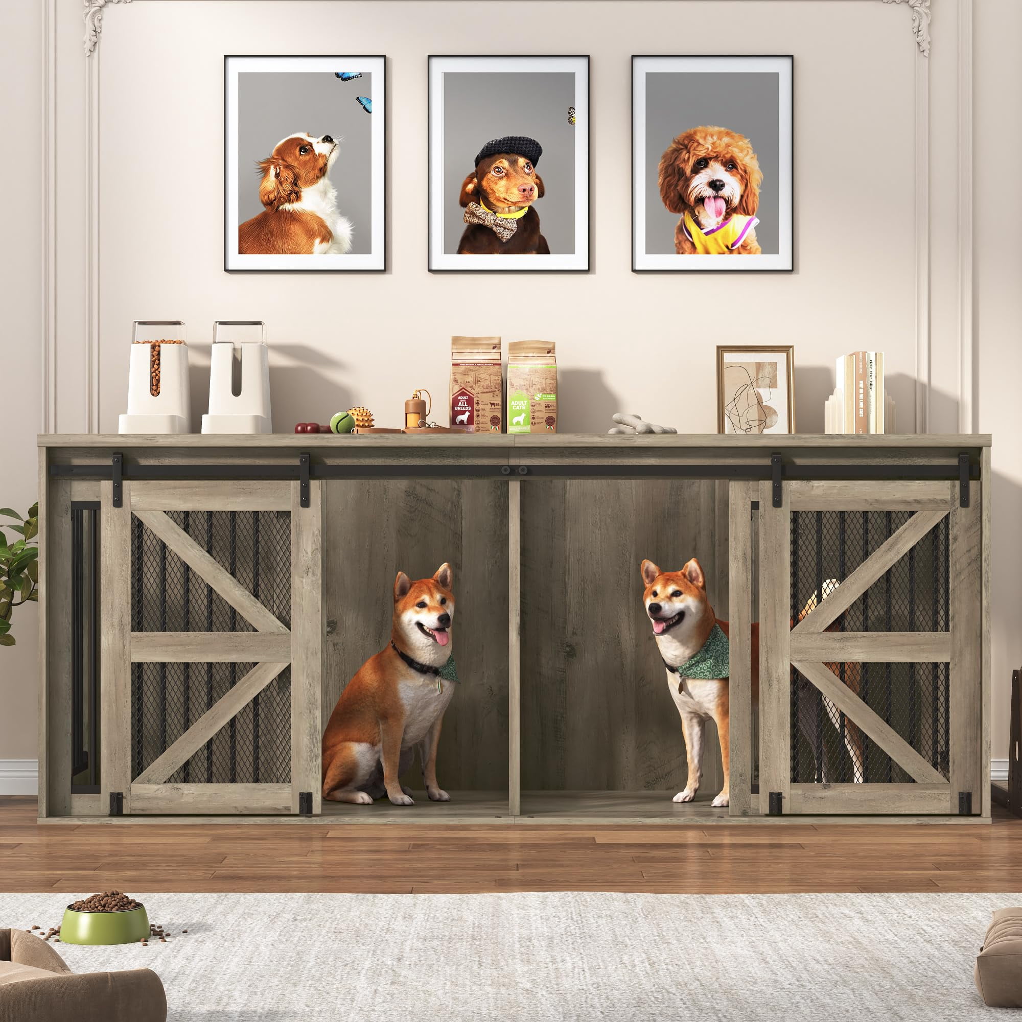 Blotout 87" Large Farmhouse Dog Crate TV Stand, Wooden Dog Crate Furniture with with Divider Panel/Sliding Metal Mesh Barn Door, XL-XXL Heavty Duty Dog Crates Furniture for 2 Medium or Large Dogs