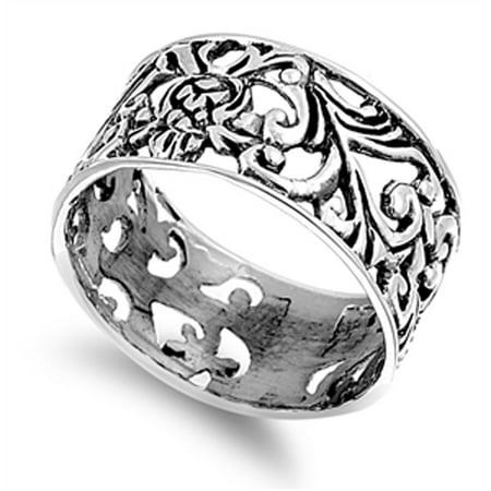 - Oxidized Filigree Floral Leaf Flower Ring ( Sizes 4 5 6 7 8 9 10 11 12 ) .925 Sterling Silver Band Rings by Sac Silver (Size 7)