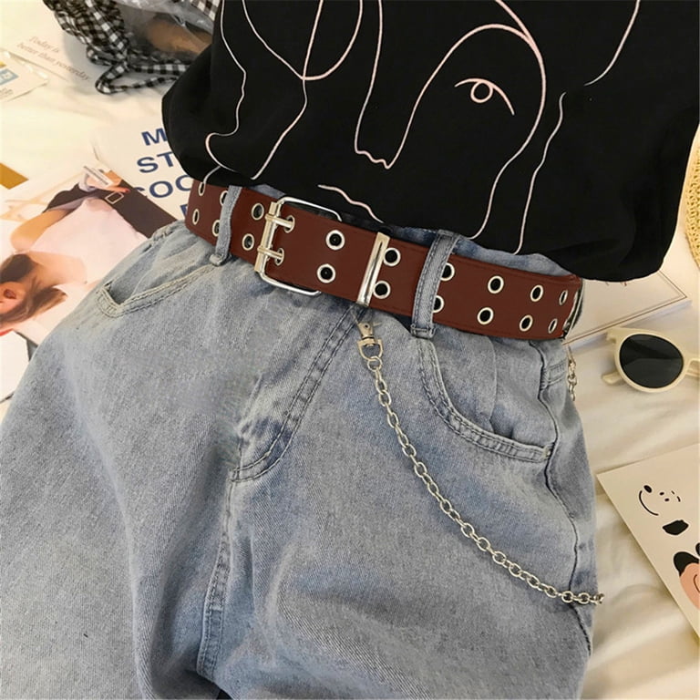 2842 - Women\'s Double Grommet Leather Jeans Belt, Brown , Size Large Sonceds Women Belt Double Grommet Belt Alloy Leather Jeans  main image 2