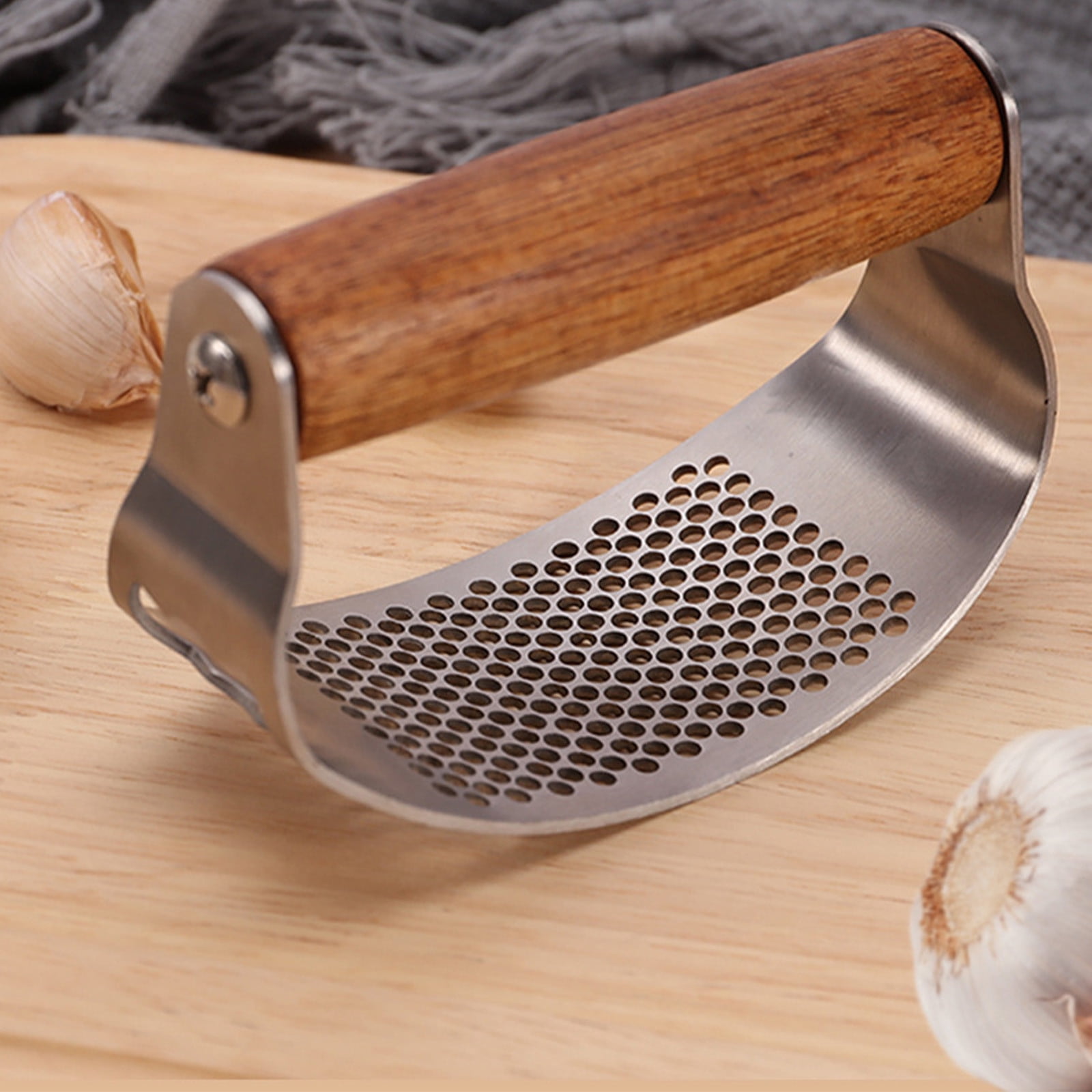 Bxaolu 1PC Upgraded Garlic Press Rocker, Manual Garlic Presser with Bottle Opener, Wood Handle Garlic Chopper Grinder for Home Kitchen Gadgets Tools (Free Cleaning Brush)