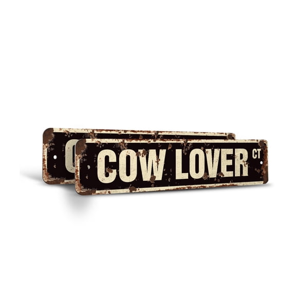 COW LOVER Vintage Style Rustic Street Sign – (2 Pack) Farmer Collector Cattle Farm Farmer Retro Decorative Wall Sign for Home, Bar, Garage, or Outdoor Use | 6" X 24" Plastic Road Sign