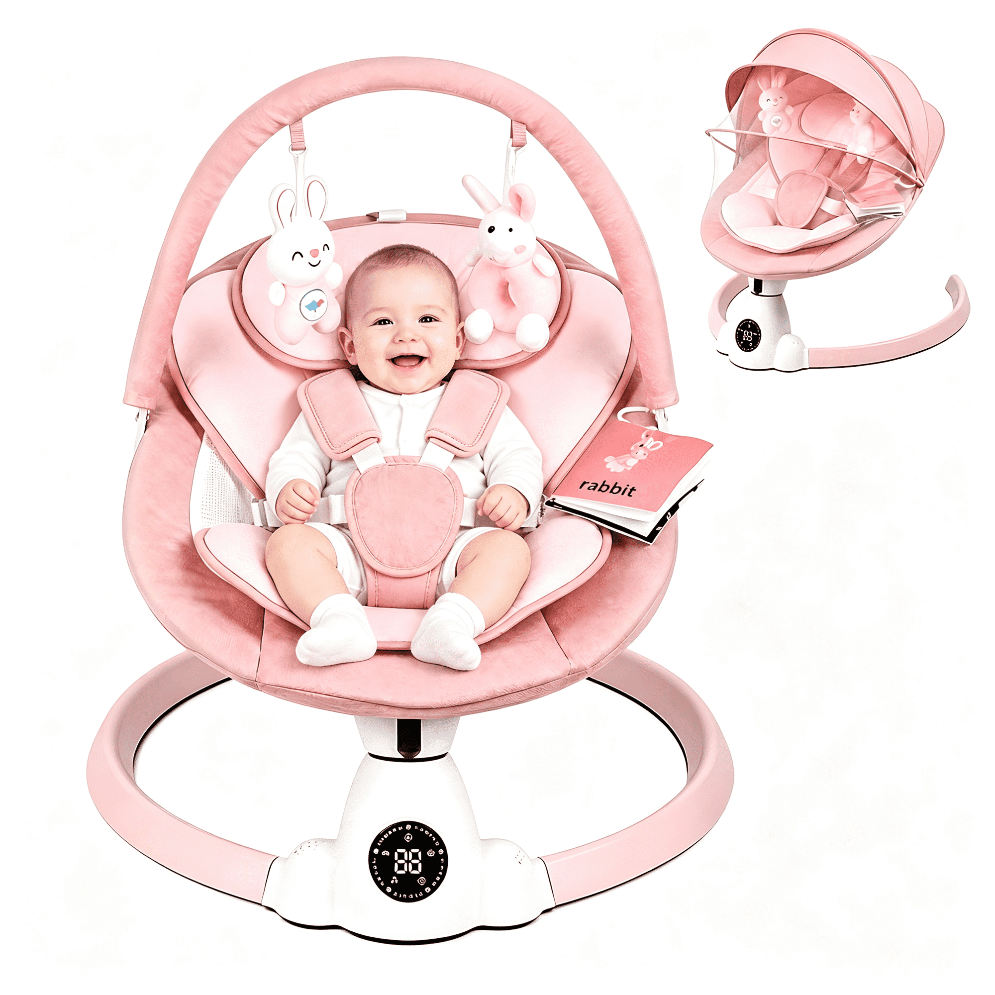 PRVAETU Electric Baby Swing for Infant Newborn W/ 5 Speed,10 Lullabies,5-Point Harness,Detachable Cushion & Canopy,Remote Control & Touch Panel,Pink