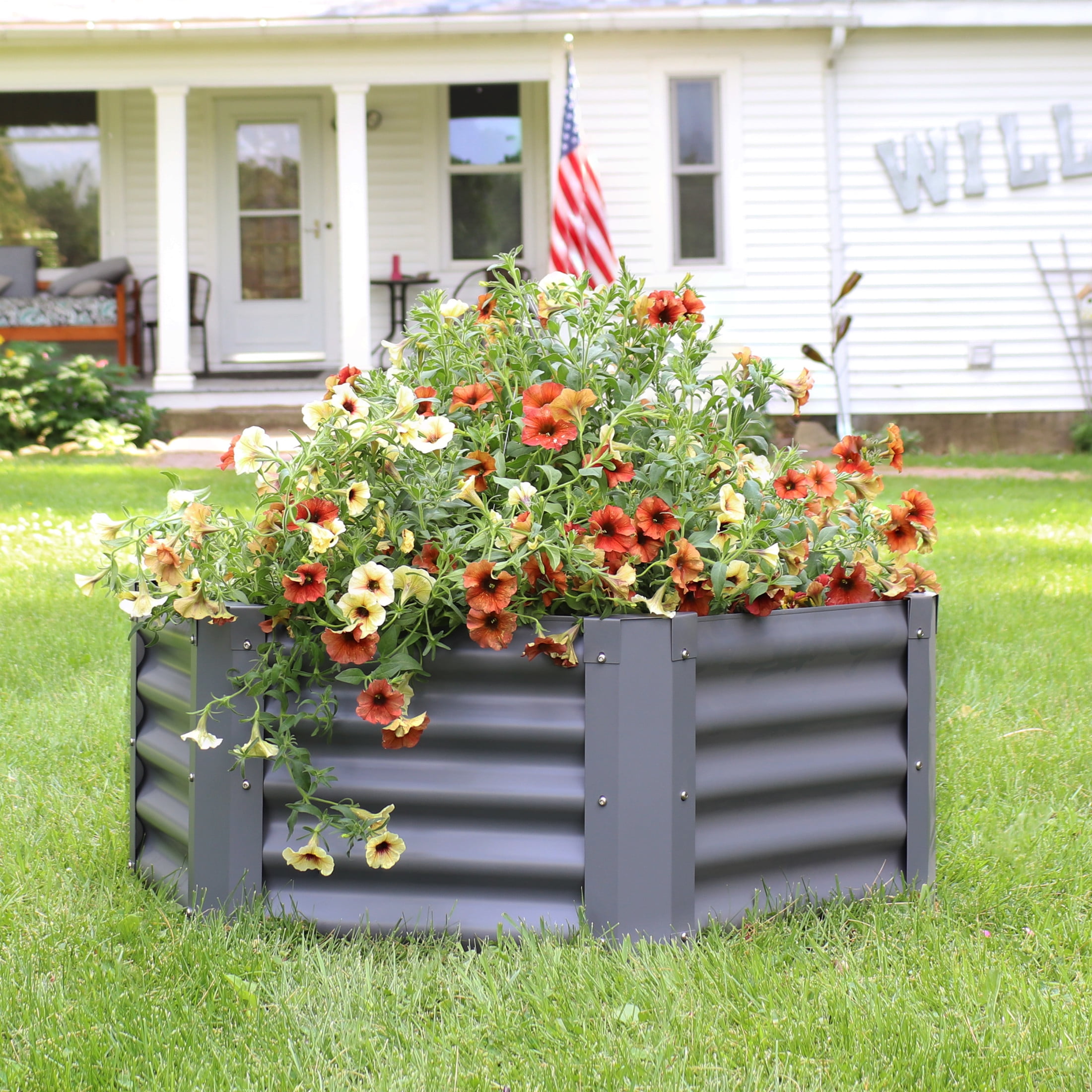Sunnydaze 41" x 35.5" x 16.25" Hexagon Gray Galvanized Steel Raised Garden Bed
