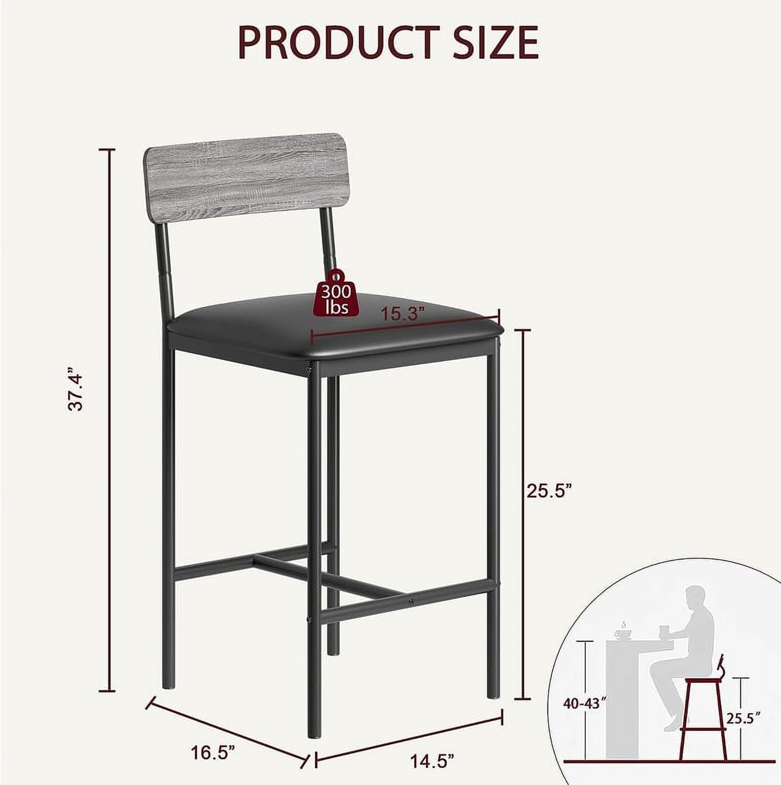 WhizMax Bar Stools Set of 2, Upholstered Bar Chairs with Back, 25.5 Inches Kitchen Bar Stools with Footrest, Thick Cushion, Counter Height Barstools for Island, Counter Bar