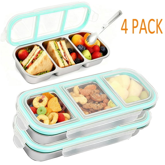 4Pack Food Storage Containers with Airtight Lid, Stainless Steel Snack Containers, Leak Proof Metal Lunchbox with Compartment and Spoon, Lunch Box Bento Box for Home ,Office, Travel, Meal Prep, Blue