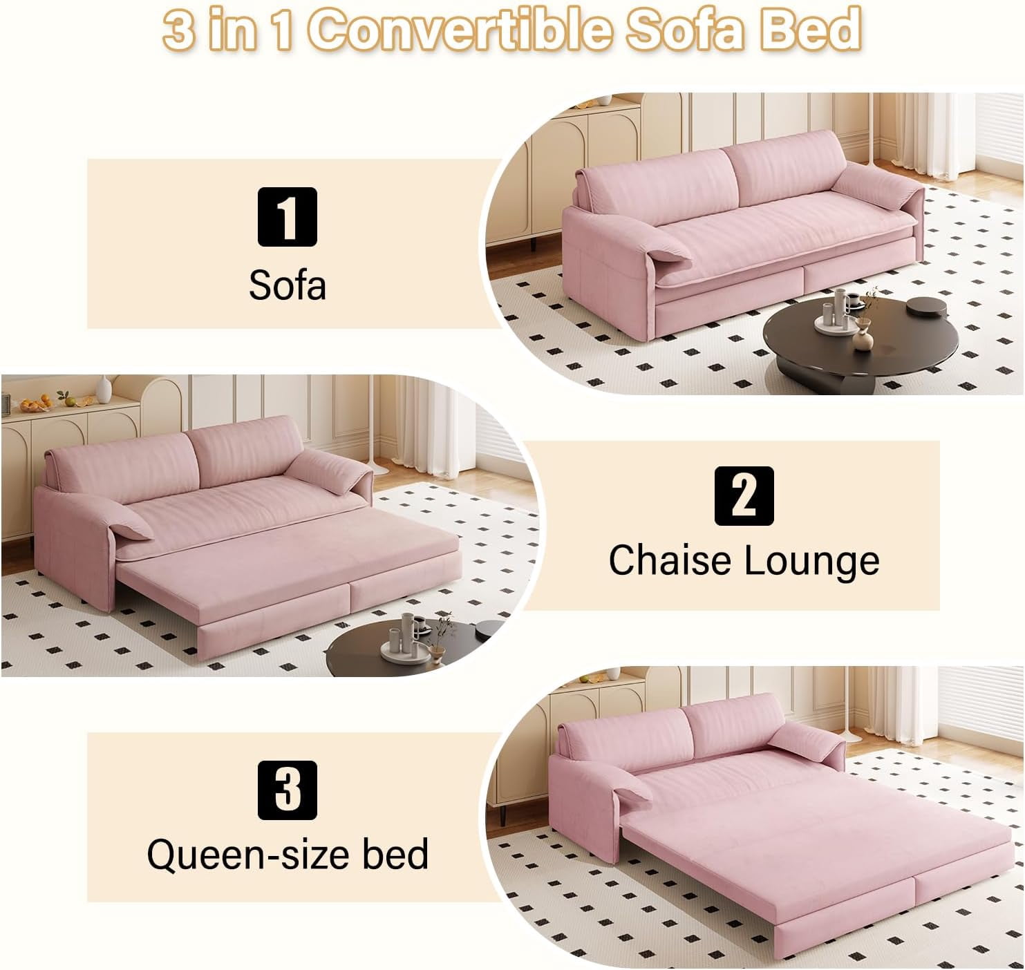 66" Queen Pull Out Sleeper Sofa, 3‑in‑1 Velvet Convertible Loveseat with Side Storage for Apartment Bedroom