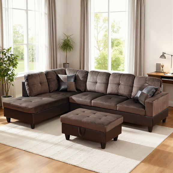 MAYEERTY 103.5" Modern Flannel PVC 3-Piece Couch Living Room Sofa Set，Dark Brown