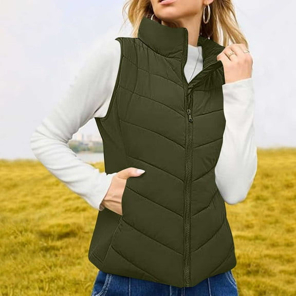 Black*Friday Sale Chaoheng Womens Fleece Vest Coats Women's Solid Color Down Vest,Stand Collar Zip Up Sleeveless Quilted Jacket for Winter Warmth