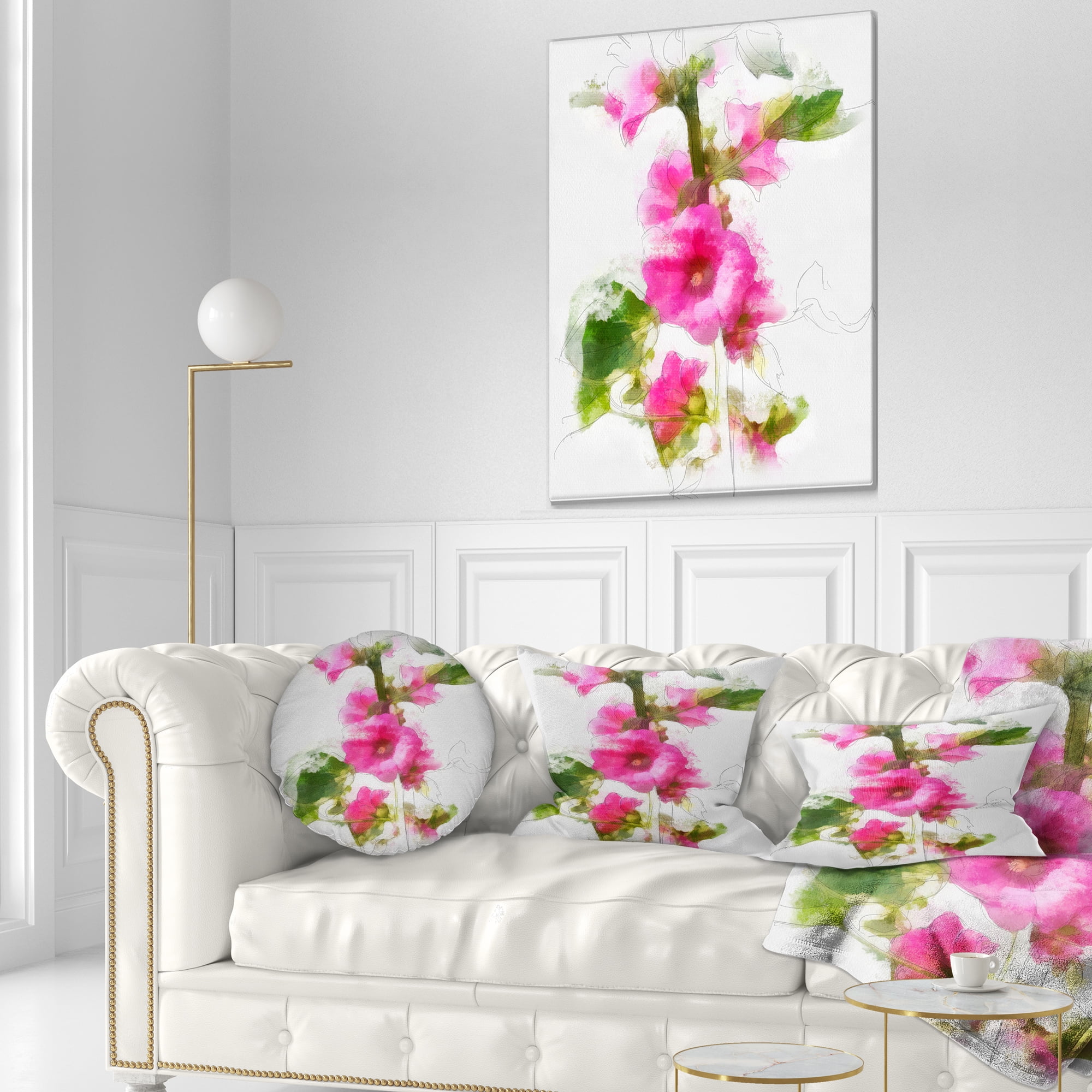 Designart Pink Flower with Stem and Leaves - Floral Throw Pillow - 12x20