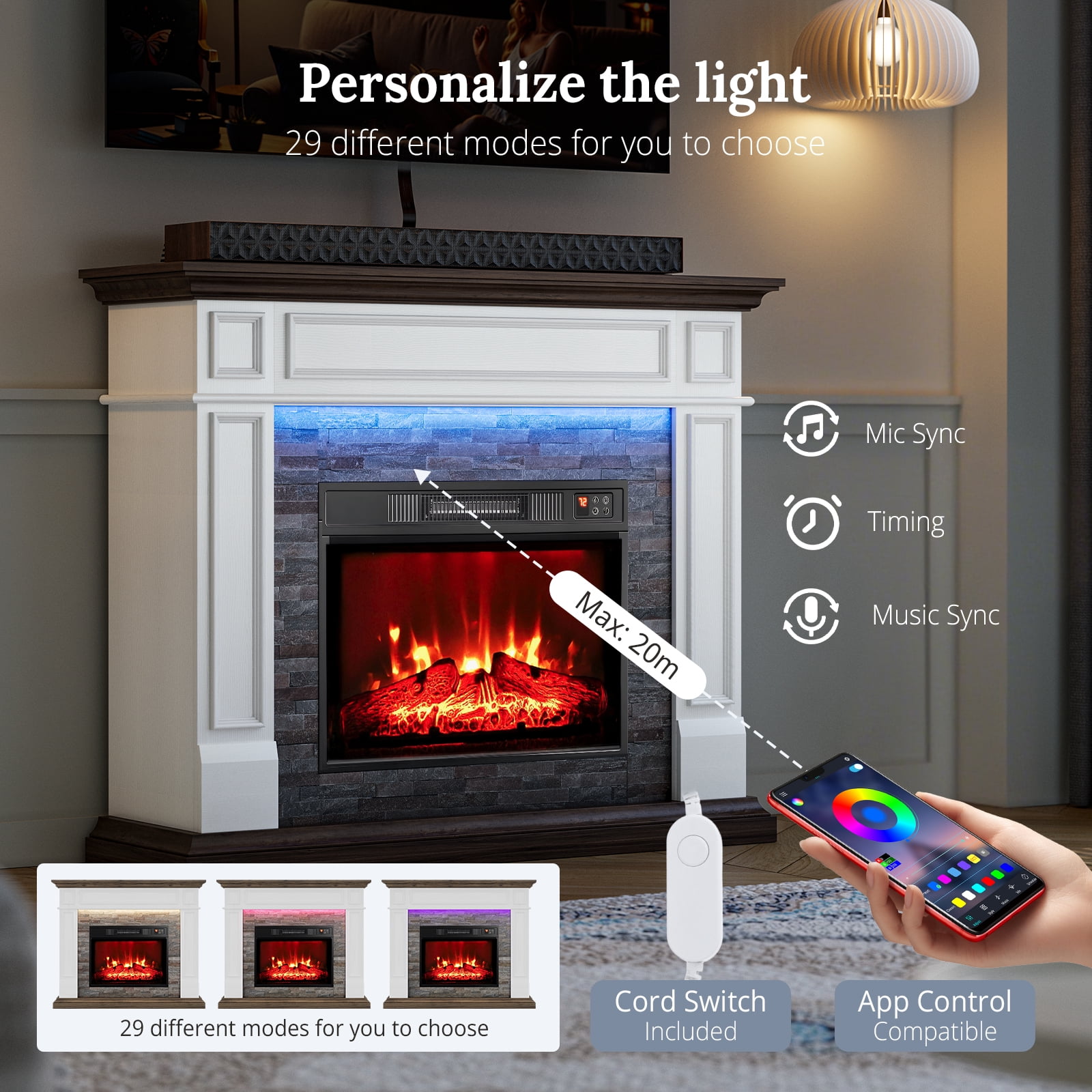 LGHM 44" Electric Fireplace with Mantel, Free Standing Fireplace Heater with LED Lights for Living Room, Bedroom, White & Brown