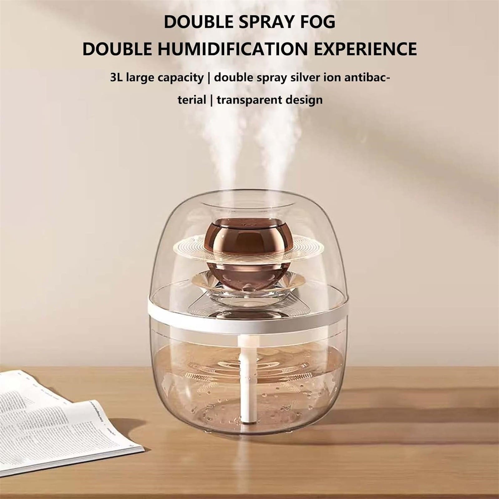 3L Dual Spray Humidifier Large Capacity Silent with Night Light USB for Home Bedroom Office 360° Coverage