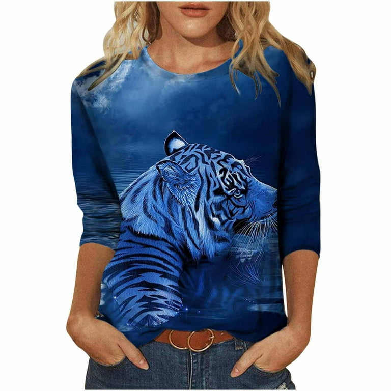 Womens 3/4 Sleeve T-Shirts Novely Tiger Print Loose Fit Blouses Summer  Fashion Casual Plus Size Black Tops