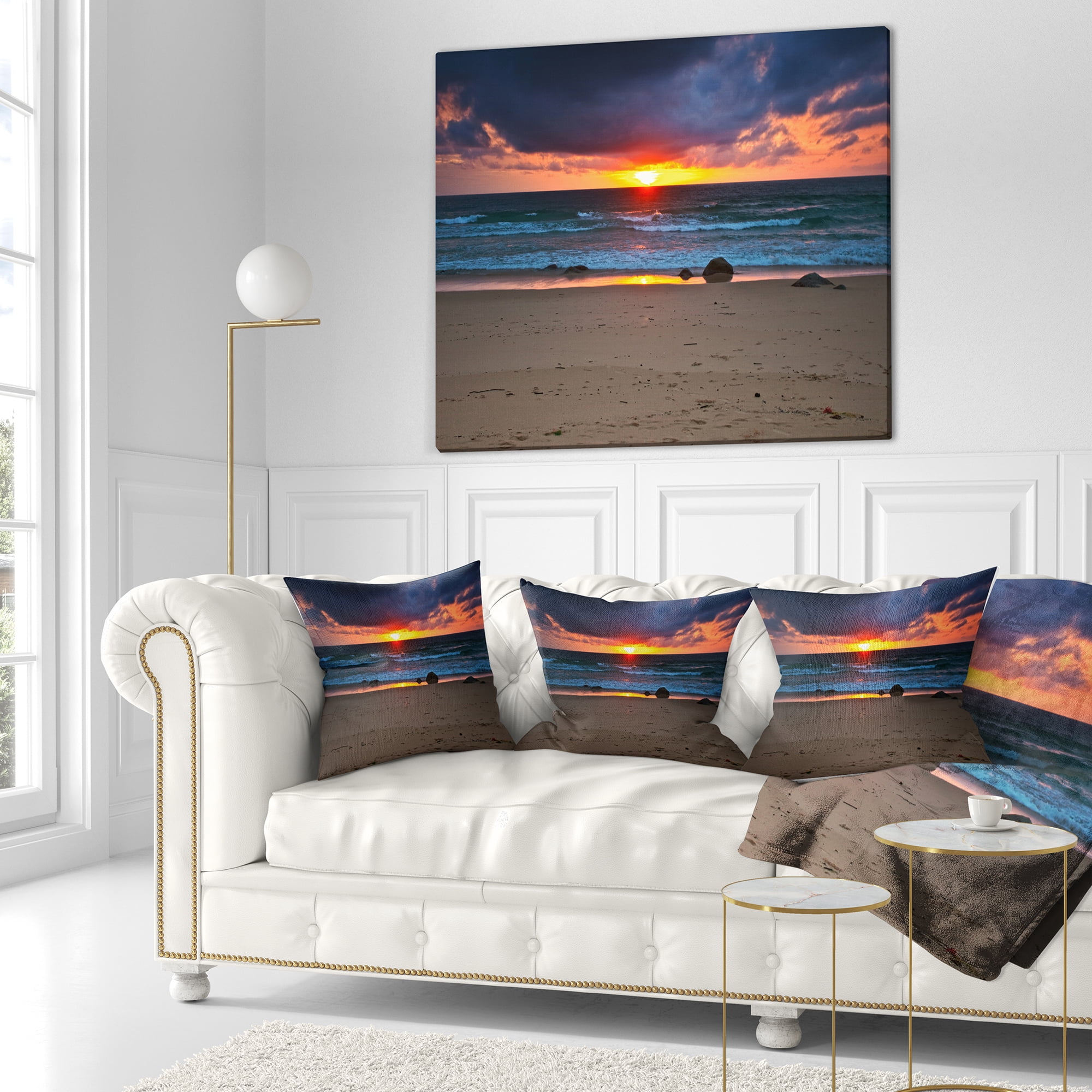 Designart Dramatic Colorful Sky Over Beach - Seashore Throw Pillow - 18x18