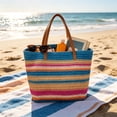 thumbnail image 4 of Linnome Striped Woven Straw Beach Tote Bag Large Capacity Summer Carryall Handbag Color Block Weave Shopping Shoulder Bag for Seaside Vacation Daily Outdoor Outings, 4 of 6