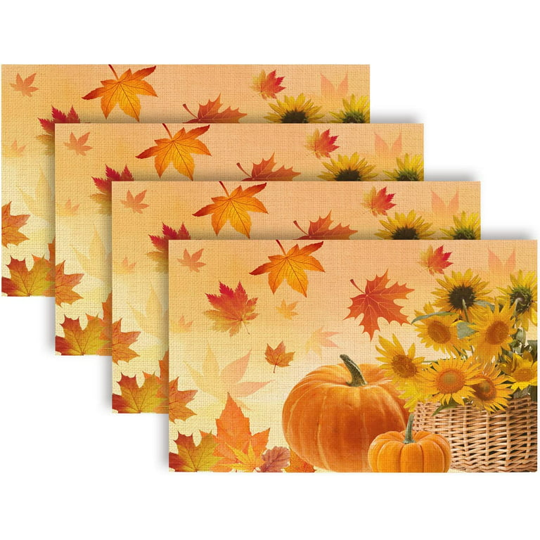 Linen Dining Table Placemats Set of 4 Vintage Thanksgiving Pumpkins  Non-Slip/Wipe Clean Table Mat Perfect for Home Decor/Party/Indoor Oudoor  Dining