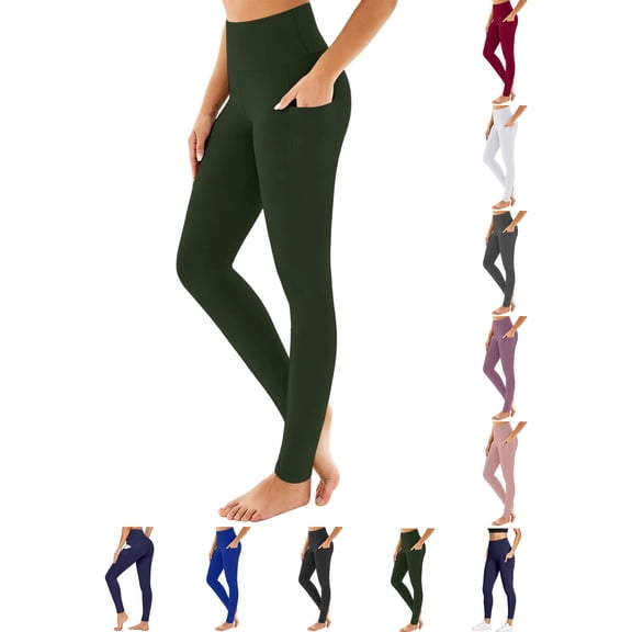 Stretchy Side Pocket High Waist Yoga Leggings for Women Solid Color Pocket High-Waisted Yoga Leggings Women's Tummy Control Soft Athletic Workout Pants for Running Daily Loungewear