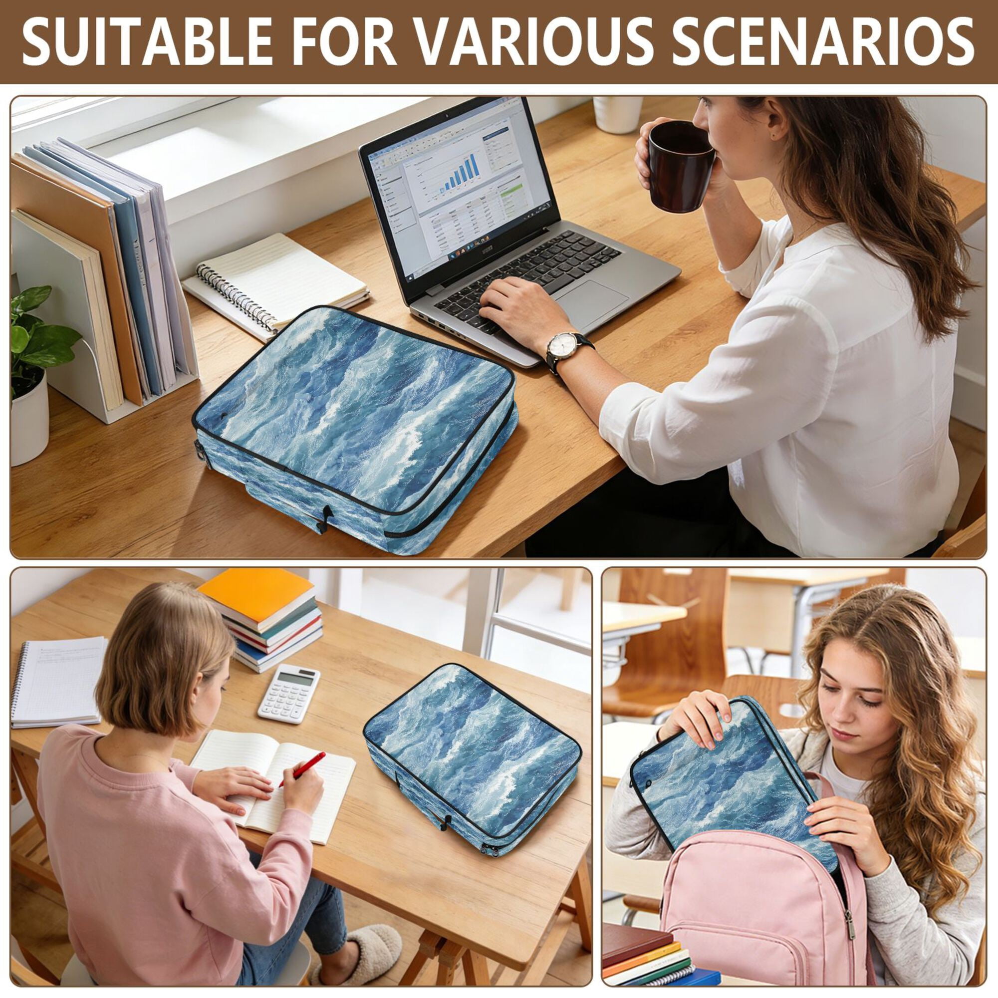 FORMRS Accordion File Folder A4 Size 7-Pocket Expanding Document Organizer Bag with 3 Ring Binder, Blue Watercolor Ocean Waves