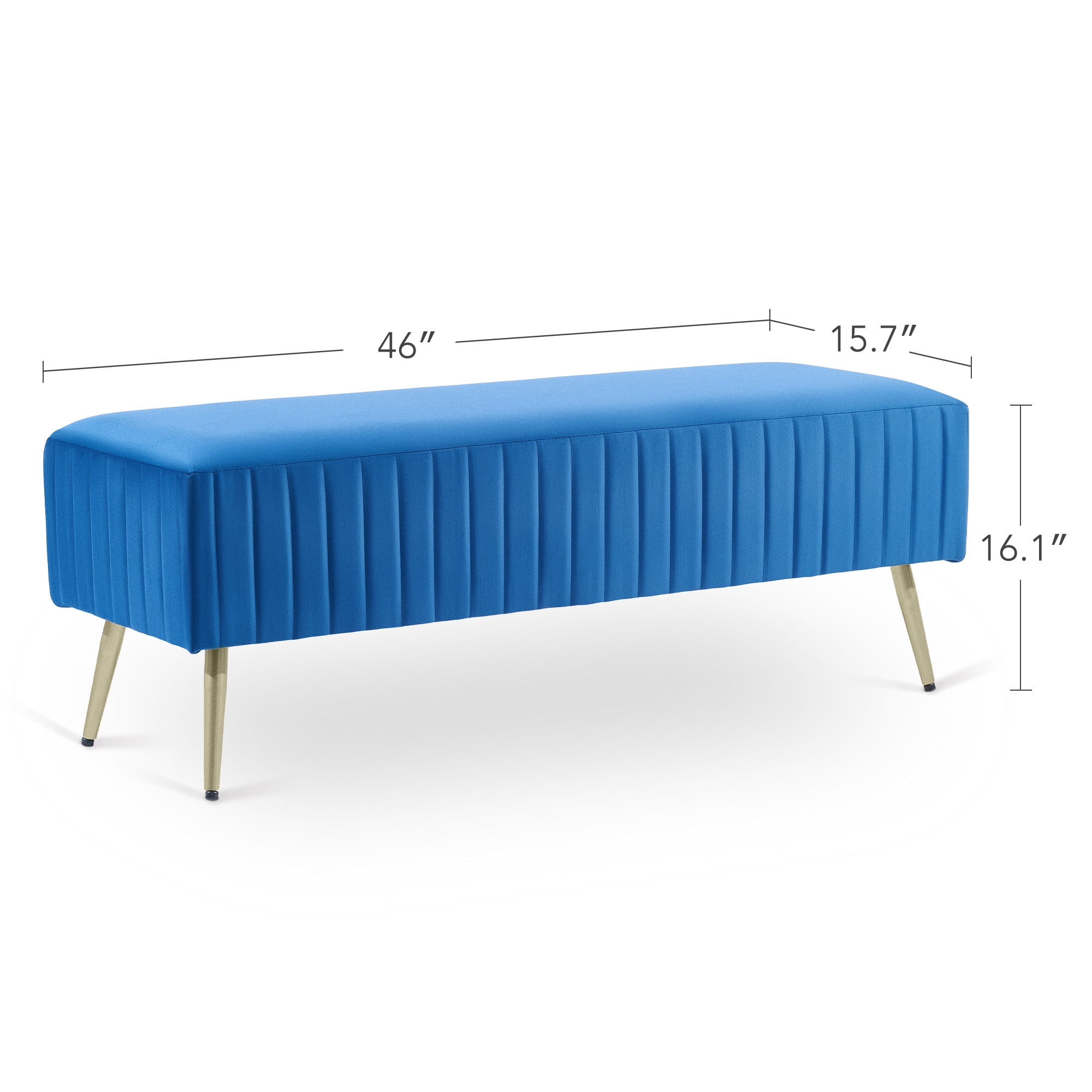 46" Upholstered Velvet Bench, Extra-Long Ottoman Footrest Stool with Padded Seat and Golden Metal Legs, Modern End of Bed Bench for Bedroom Entryway Living and Dining Room Hallway More, Blue