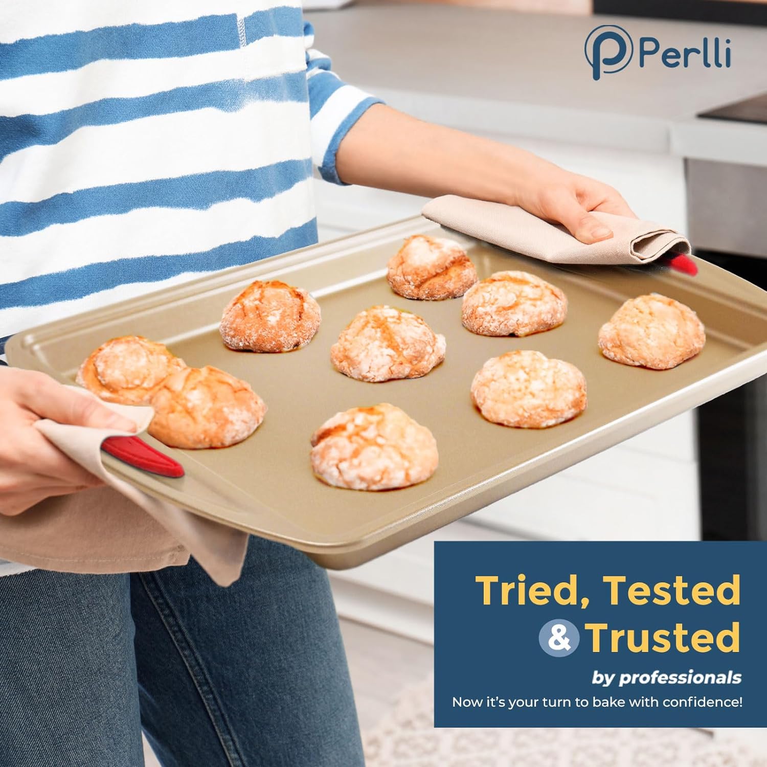 PERLLI 8-Pc Non Stick Baking Pans Set Gold Bakeware with Red Silicone Grips