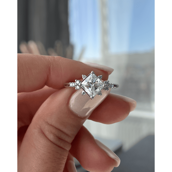 2.00Ct Princess Cut Lab-grown diamond Engagement Ring, Angled Set with Clustered Accents, 10K Yellow Gold